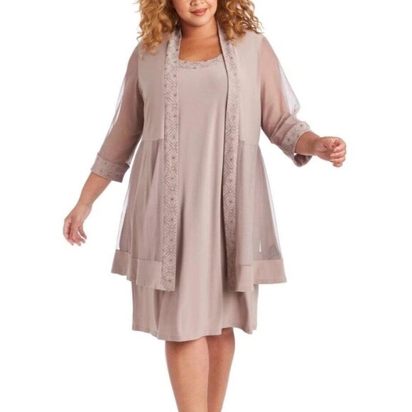 R & M RICHARDS PM Taupe Brown Jacket Dress Shimmer Wedding Party Cruise NEW - Picture 13 of 16